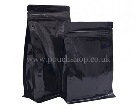 Flat Bottom Pouch with Normal Zipper and Valve Shiny Black